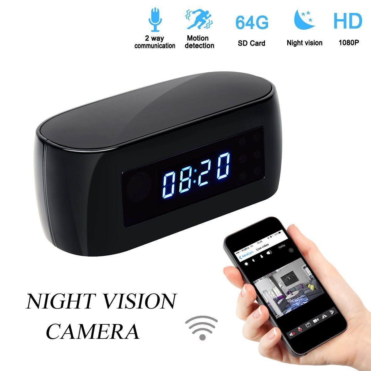 Poetele Alarm Clock Spy Hidden Camera with Wifi,Motion Detection,2Way