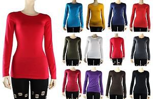 Basic Crew Neck Plain Long Sleeve TOP Layering Cotton/Spandex T-SHIRTS Solid SML