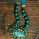 Soutache pendant, Celadon ang gold pendant with amazonite, Embroidered pendant, Beaded pendant