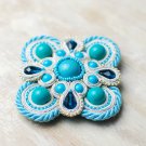 Soutache brooch, Blue, white and silver brooch, Embroidered brooch, Beaded brooch, Soutache jewelry