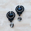 Soutache dangle earrings, Black and silver earrings, Embroidered earrings, Beaded earrings
