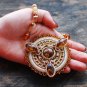 Soutache pendant, Brown, beige and gold pendant with bronzit, Embroidered pendant, Beaded pendant