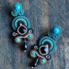Soutache dangle earrings, Black, beige and turquoise earrings, Embroidered earrings, Beaded earrings