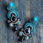 Soutache dangle earrings, Black, beige and turquoise earrings, Embroidered earrings, Beaded earrings