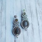Soutache dangle earrings, Silver earrings with crystal, Embroidered earrings, Beaded earrings