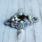 Soutache brooch, Grey, blue and white brooch, Crystal brooch, Beaded brooch, Embroidered brooc