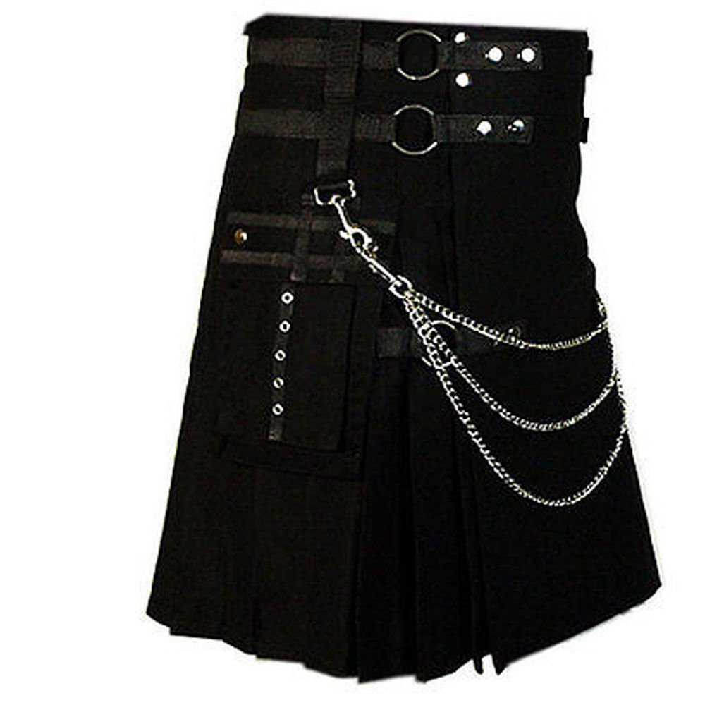 38 Inches Black Pure Cotton Gothic Kilt With Chrome Chains Standard ...