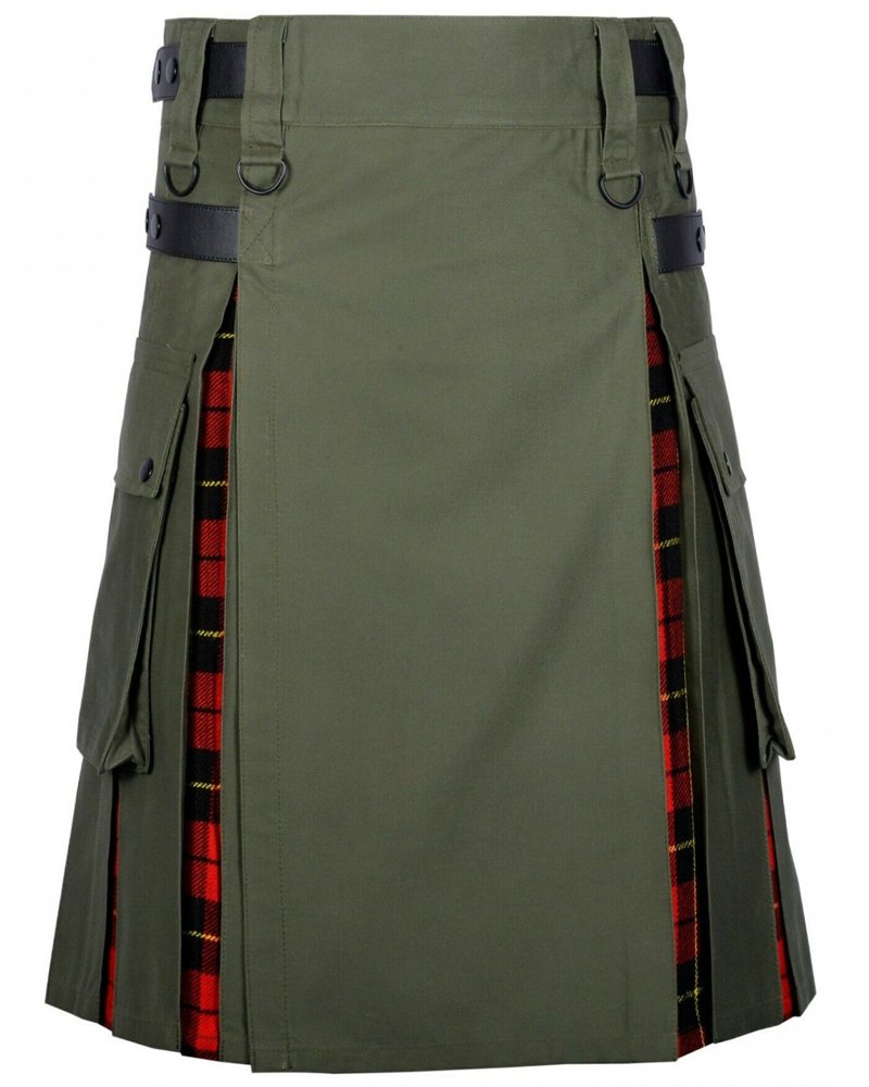 Douglas Blue Tartan Inner Plaid Hybrid Olive Green Cotton Kilt 32 Waist ...