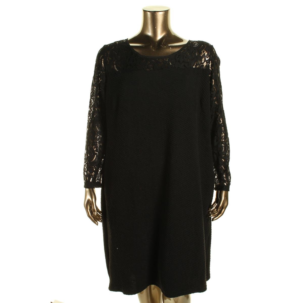 NY Collection 2545 Womens Black Lace Long Sleeves Cocktail Dress Plus ...