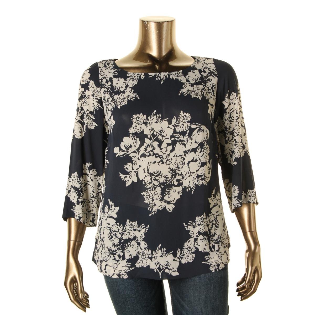 Charter Club 7777 Womens Blue Floral Print 3/4 Sleeves Blouse Top Plus ...