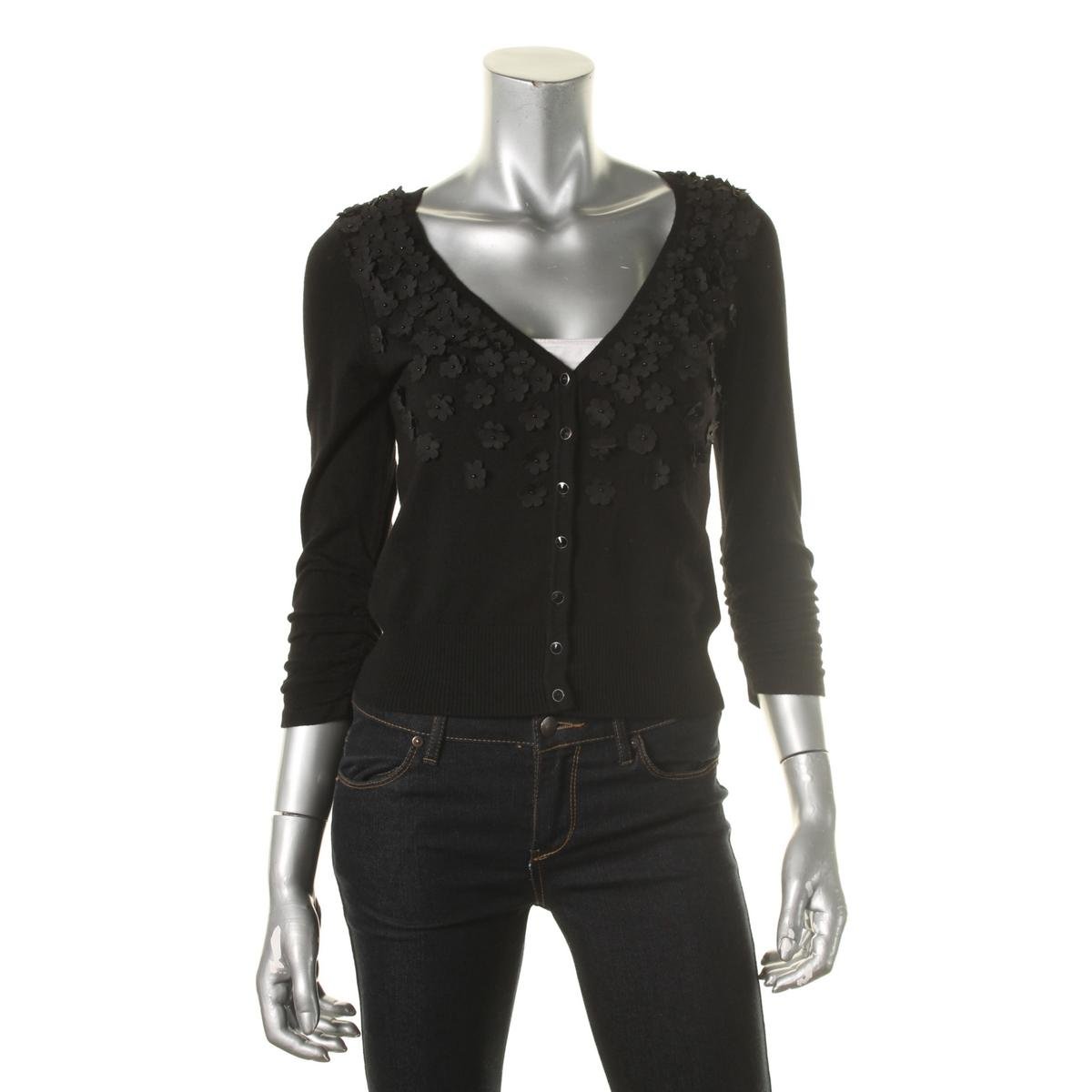 INC 6742 Womens Black Embellished 3/4 Sleeves V-Neck Cardigan Sweater ...