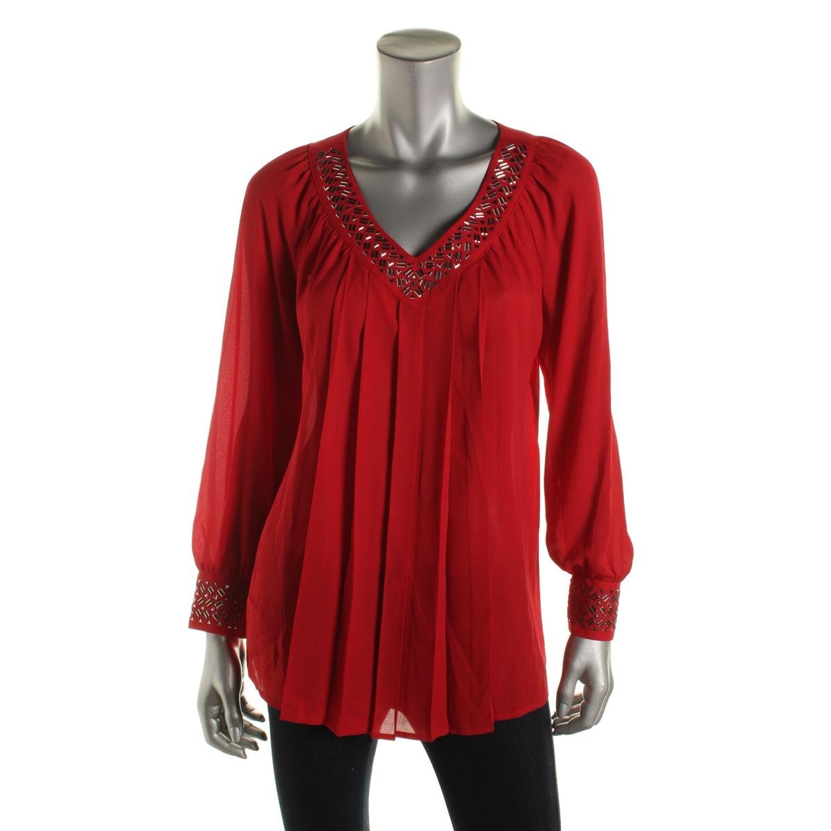 Alfani 3811 Womens Red Embellished Pleated V-Neck Pullover Top Blouse 4