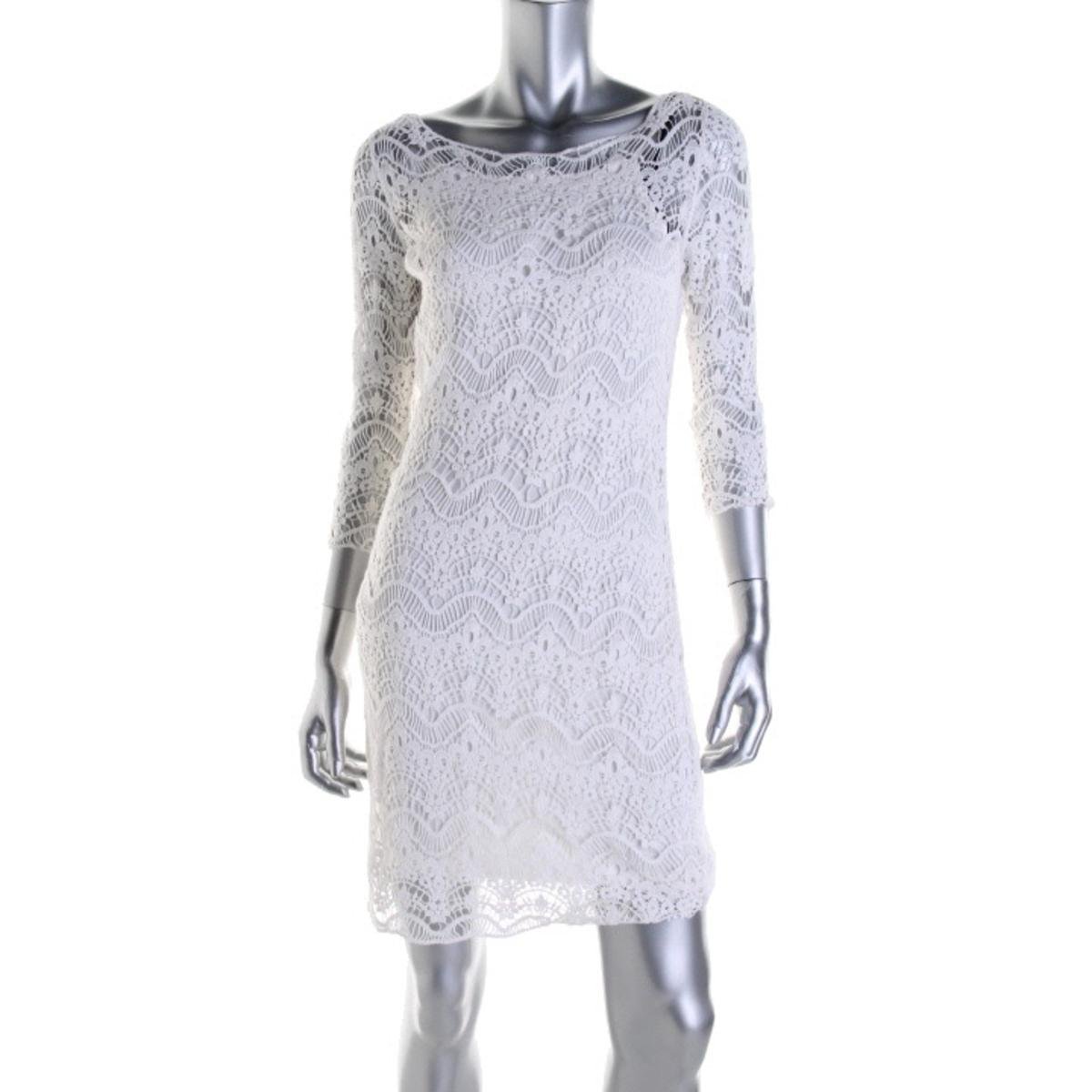 Lauren Ralph Lauren 9286 Womens Ivory Crochet Bateau Neck Party Dress S ...