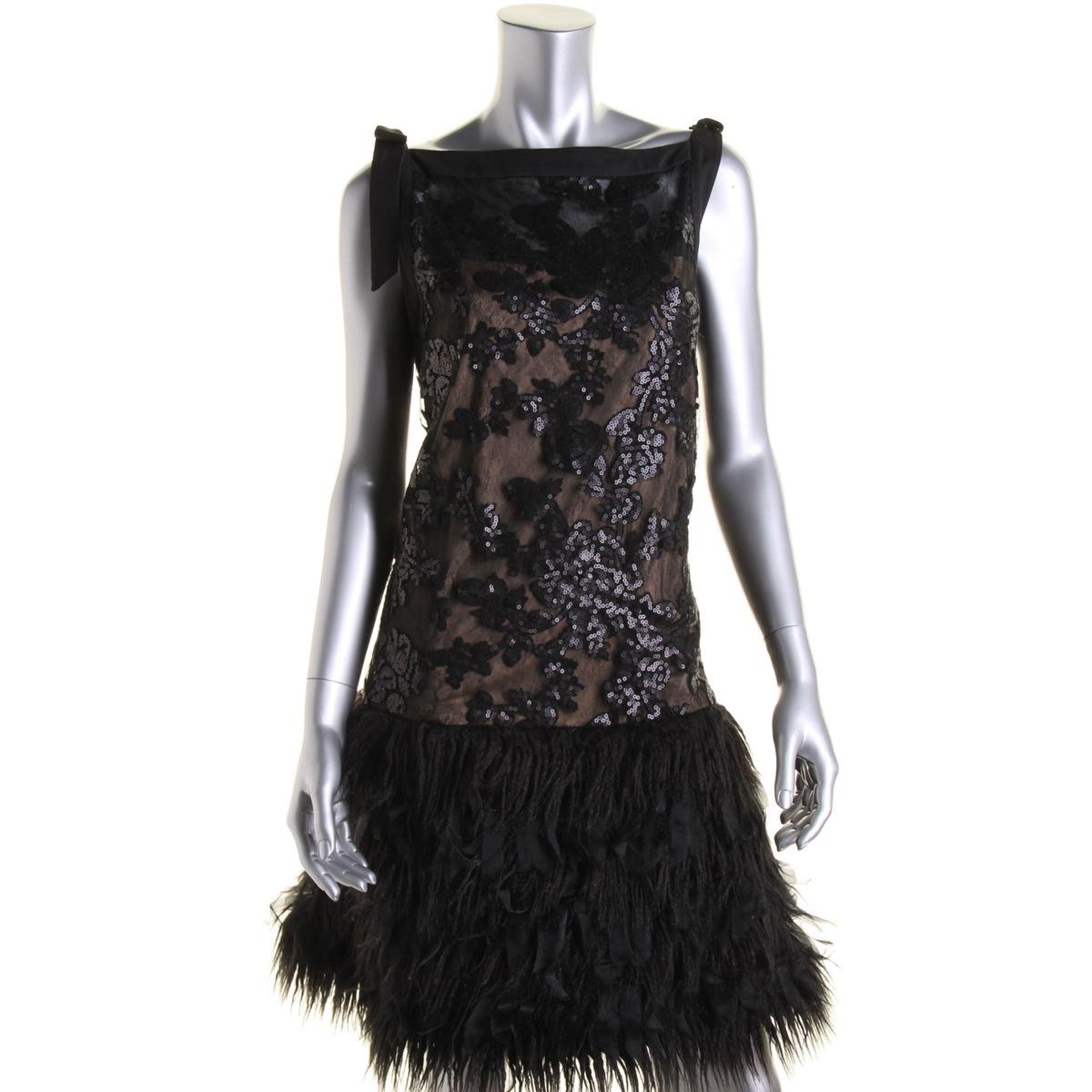 Tadashi Shoji 6585 Womens Black Mesh Faux Fur Sequined Cocktail Dress ...