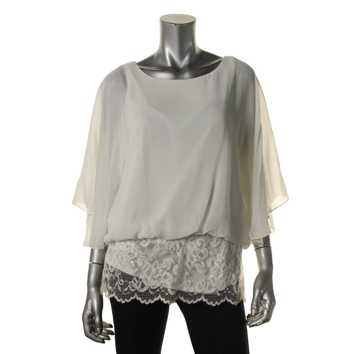 MSK 4619 Womens Ivory Chiffon Lace Trim Blouson Blouse Top S BHFO