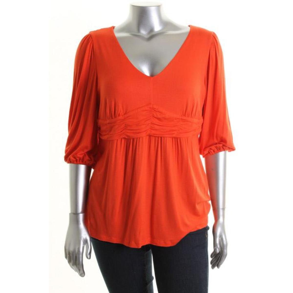 NY Collection 8129 Womens Orange Jersey V-Neck Pullover Top Blouse Plus ...
