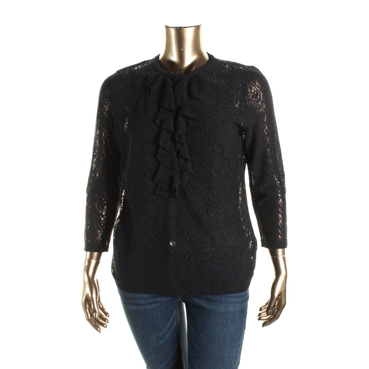 LRL Lauren Jeans Co. 1547 Womens Black Lace Ruffled Blouse Top S BHFO