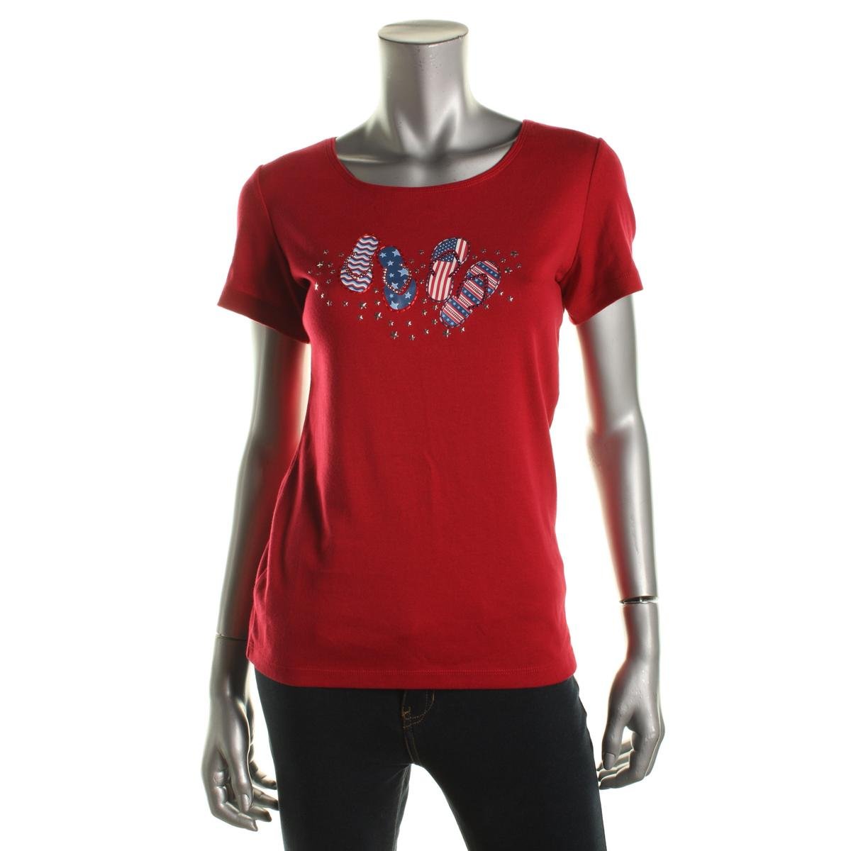 Karen Scott 1487 Womens Cotton Embellished Short Sleeves T-Shirt Top BHFO