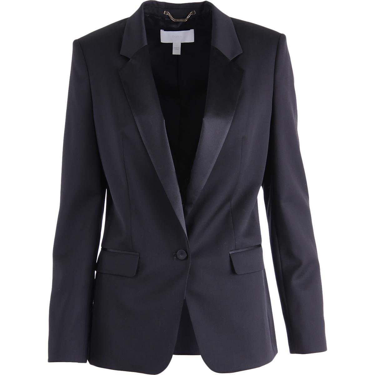 Hugo Boss 9826 Womens Jocina Black Wool Satin Trim Tuxedo Blazer Jacket
