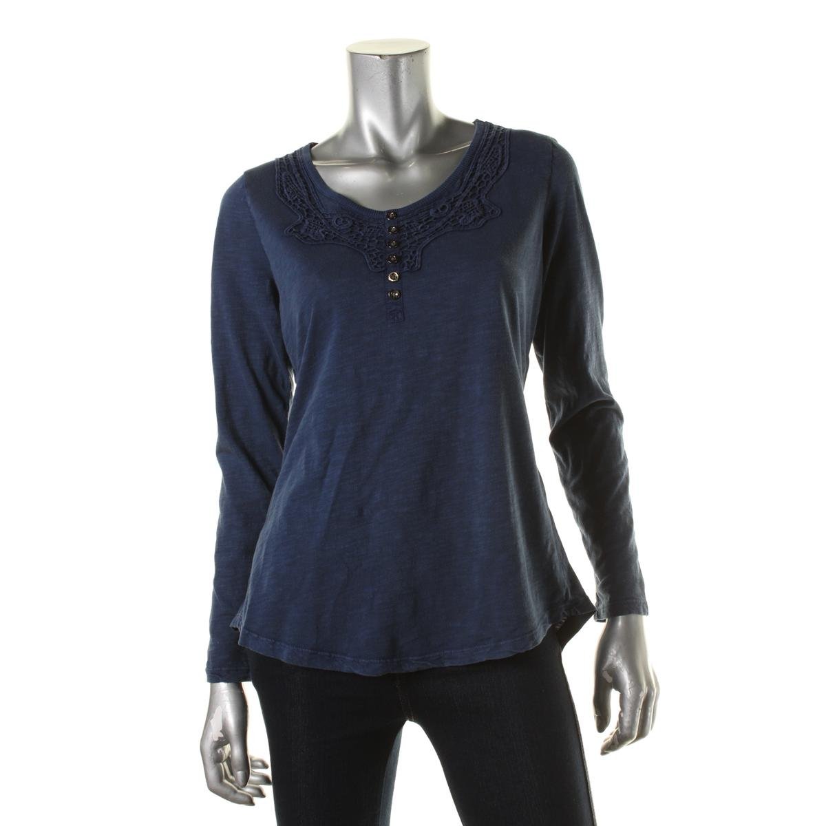 Style And Co 5097 Womens Blue Crochet Trim Hi Low Henley
