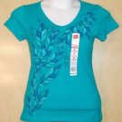 HANES SM  V NECK TEAL FEATHERS EMBELLISHED TOP NEW NICE