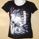 HANES WOMENS MED SCOOP NECK BLACK FLOWER PURPLE EMBELLISHED GLITTER TOP NEW NICE