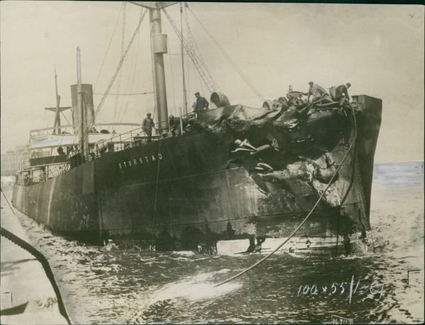 SS Storstad damaged after collision with the Empress of Ireland, 1914 ...