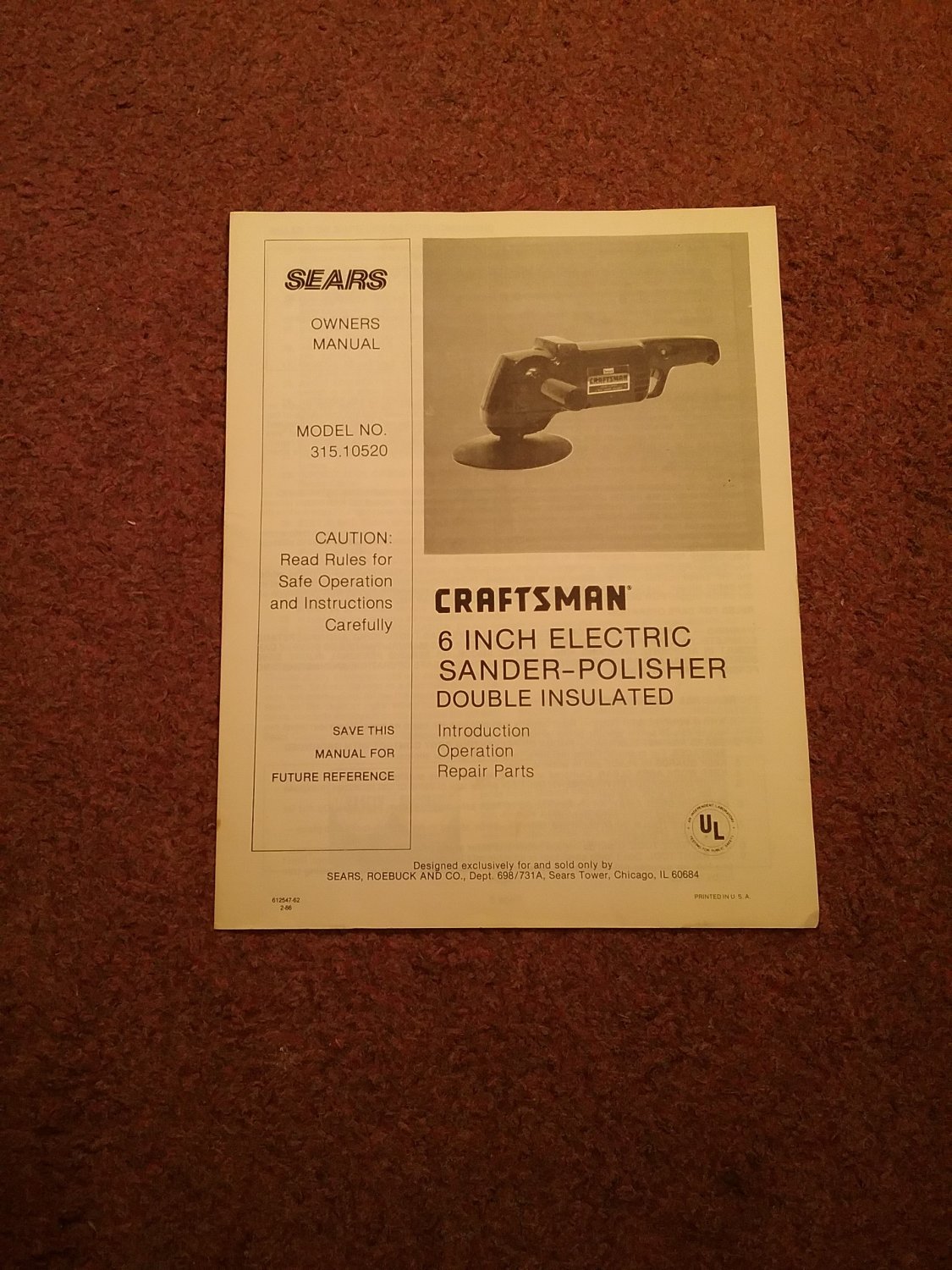 Craftsman 6 Inch SanderPolisher Manual 315.105020 070716589