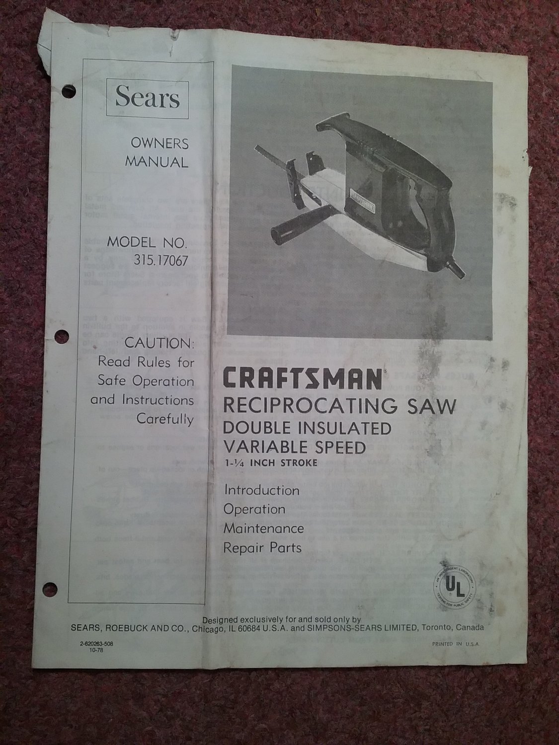Craftsman Reciprocating Saw Manual Model 315.17067 070716630