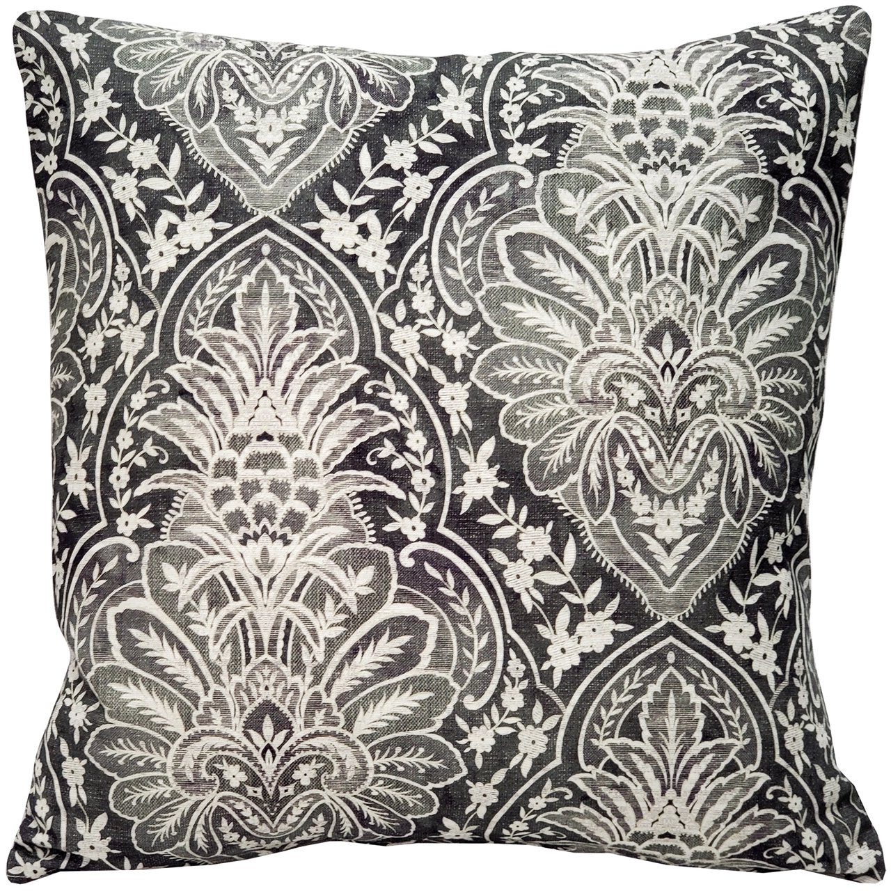 Leone Damask Dark Gray Throw Pillow 21x21, Complete with Pillow Insert