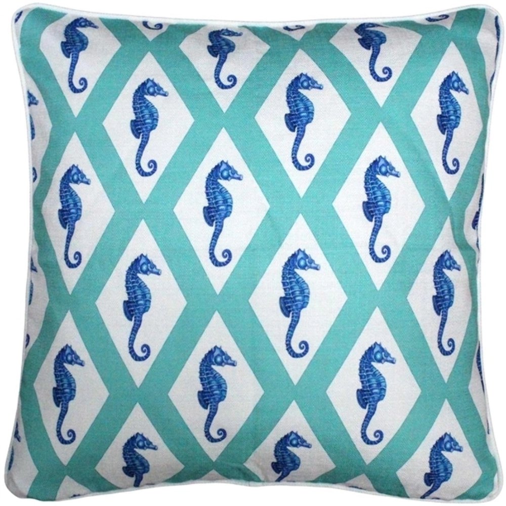 Capri Turquoise Argyle Seahorse Throw Pillow 20x20, Complete with Pillow Insert