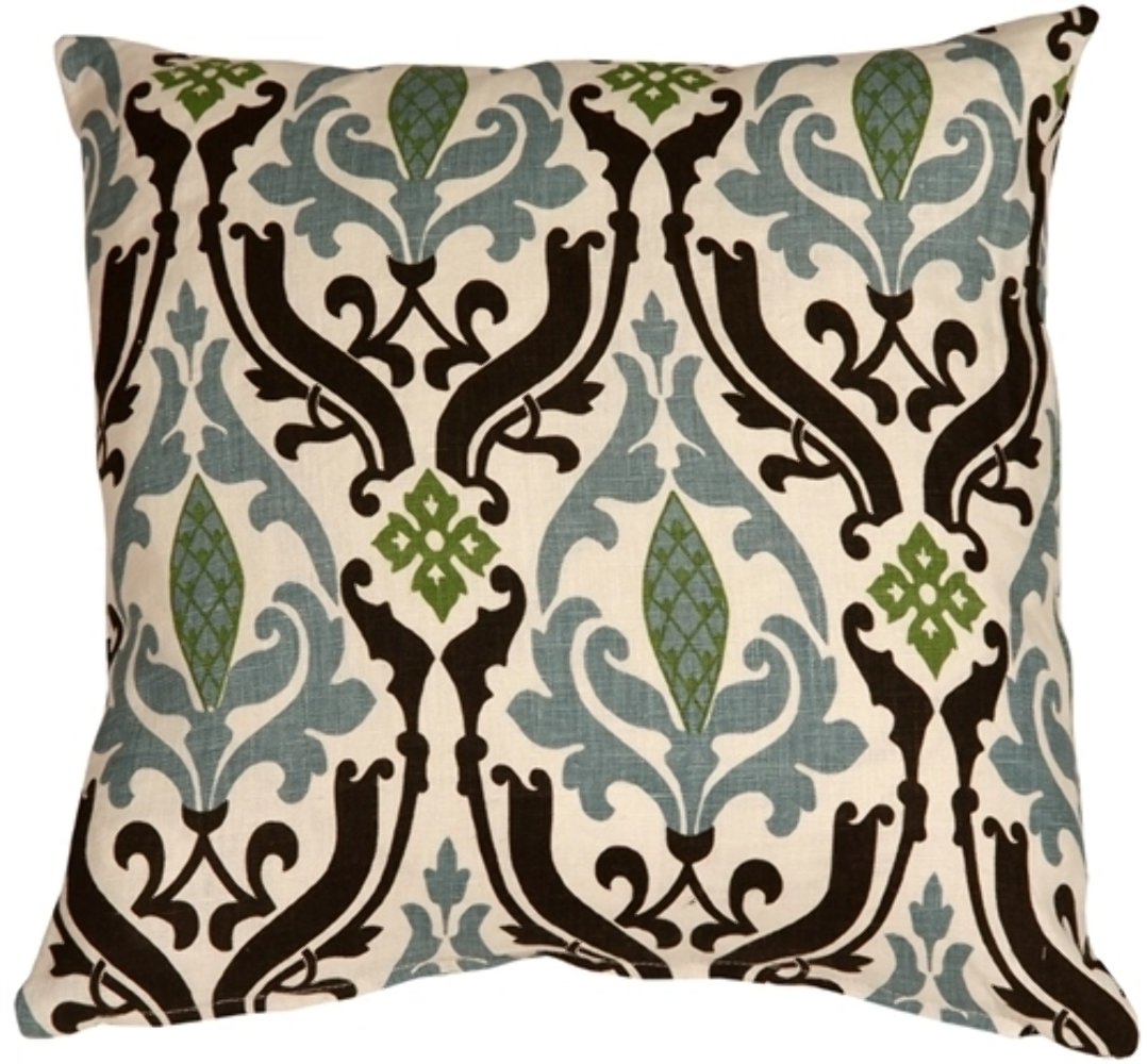 Linen Damask Print Blue Brown 16x16 Throw Pillow, Complete with Pillow Insert