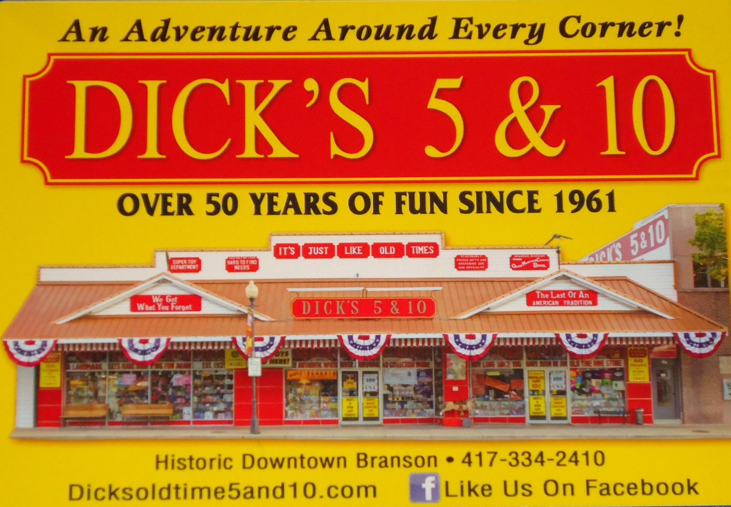 BRAND NEW CHARMING DICK'S OLDTIME 5 & 10 POSTCARD BRANSON MISSOURI