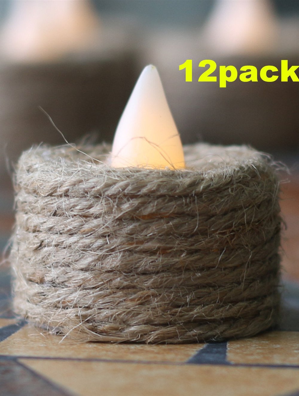 DIY Natural Hemp Rope Battery-powered Flameless LED Tealights Candles, Pack of 12
