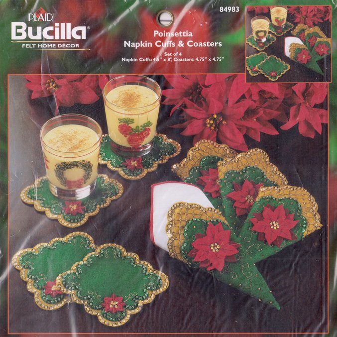 Bucilla "Poinsettia Napkin Cuffs and Coasters" 84983 Felt Kit for Home Décor
