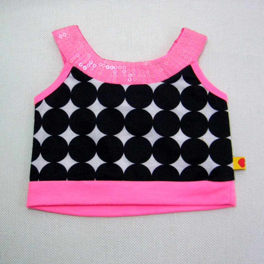 Build A Bear Top BLACK CIRCLES on White with PINK SEQUINS & Trim