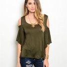 Olive Green Cold Shoulder Top W/ Flutter Sleeves Size S