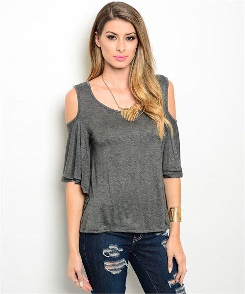 Charcoal Cold Shoulder Top W/ Flutter Sleeves Size M