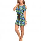 Yellow, Brown Cold Shoulder Diamond Print Tie Waist Shift Dress Size M