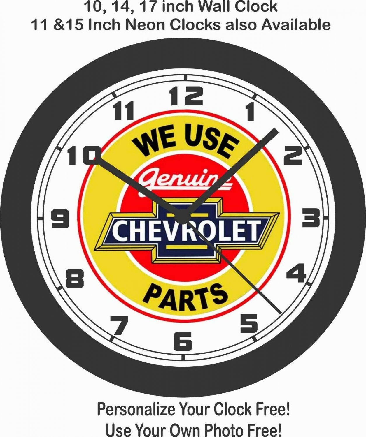 WE USE GENUINE CHEVROLET PARTS WALL CLOCK-CAMARO, CHEVELLE, NOVA, FORD