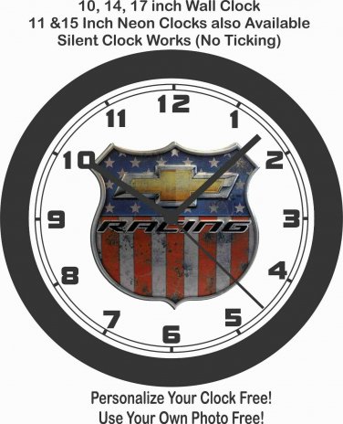 CHEVROLET RACING EMBLEM FLAG WALL CLOCK-CAMARO, CORVETTE, CHEVELLE, NOVA