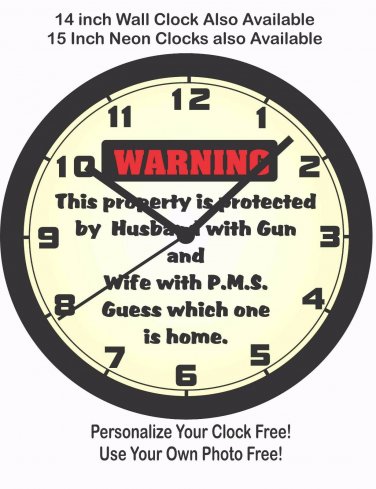 WARNING: HUSBAND WITH GUN, WIFE WITH P.M.S. WALL CLOCK-FREE USA SHIP!