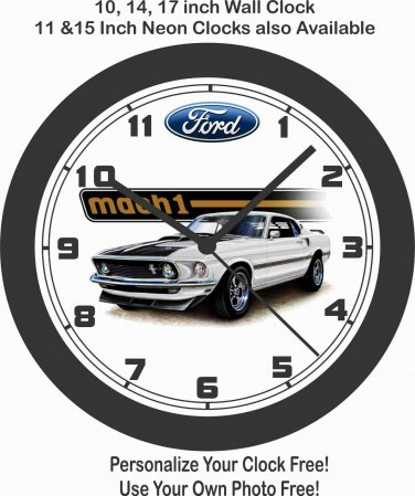 1969 FORD MUSTANG MACH 1 (WHITE) WALL CLOCK-CAMARO, FIREBIRD, CORVETTE, GTO