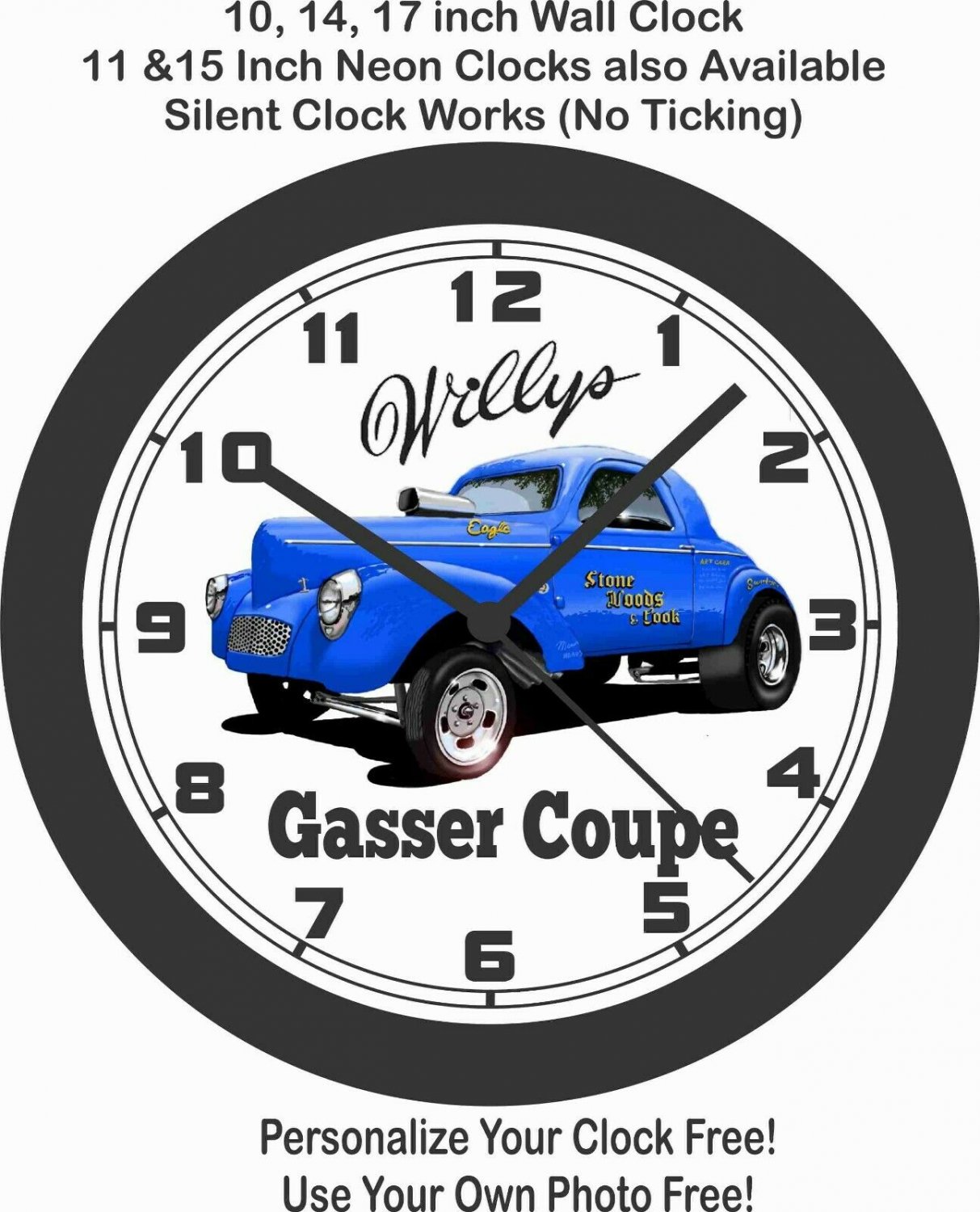 WILLYS GASSER COUPE WALL CLOCK-DODGE, AMC, FORD, CHEVROLET, STUDEBAKER