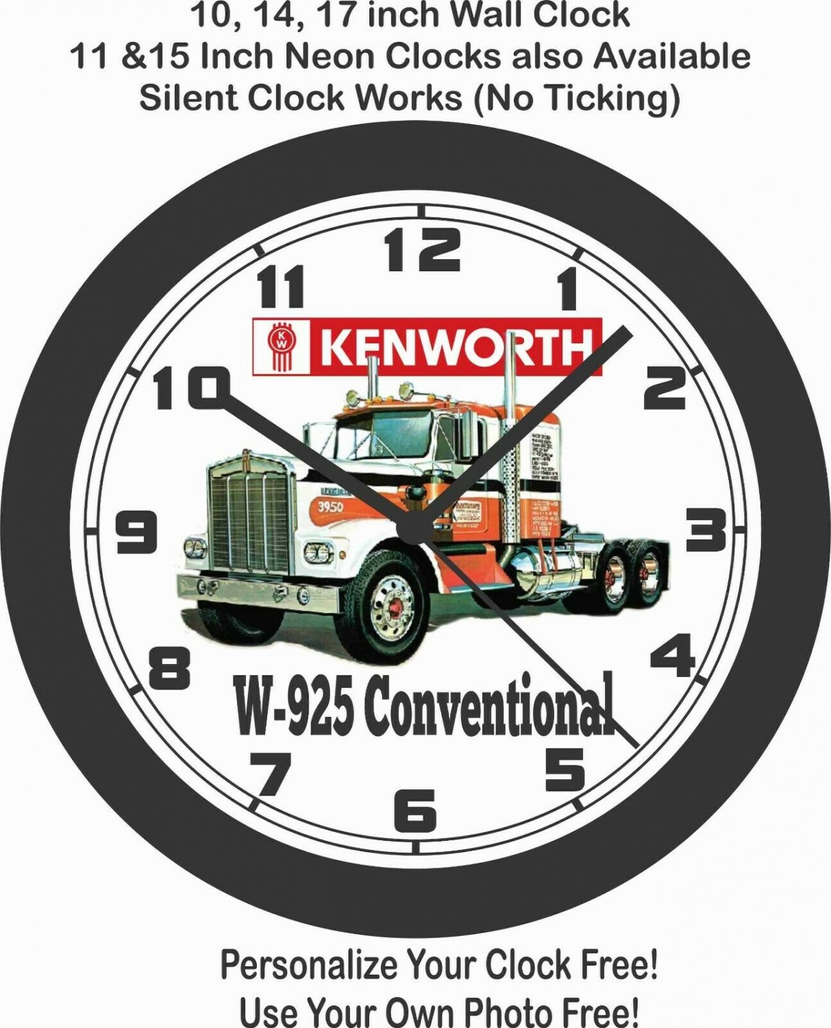 KENWORTH W925 CONVENTIONAL SEMI TRUCK WALL CLOCKPERSONALIZE IT FREE!