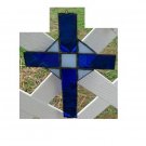 BLUE AND WHITE STAINED GLASS CROSS SUNCATCHER HANDCRAFTED
