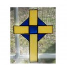 HANDCRAFTED STAINED GLASS BLUE AND YELLOW CROSS SUNCATCHER