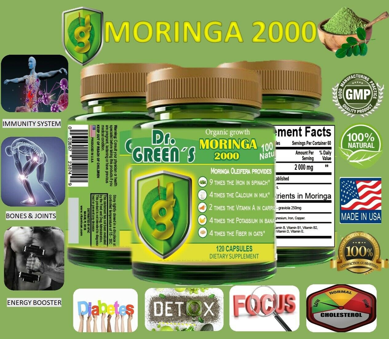 120 Capsules Moringa Oleifera Leaf Powder 2000 Phil Free Ship Pure Moringa