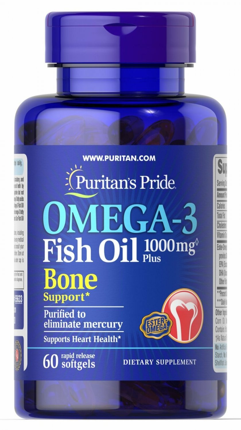 Puritan's Pride Omega-3 Fish Oil 1000 mg Plus Bone Support - 60 Softgels