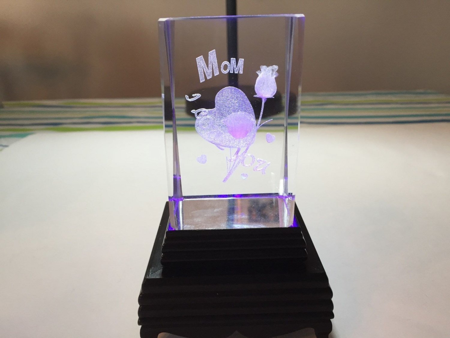 3D Laser Etched Crystal Paperweight I Love You Mom Display with Light Base